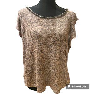Juicy Couture Rhinestone Neckline pink/heather gray flutter sleeve blouse Sz L